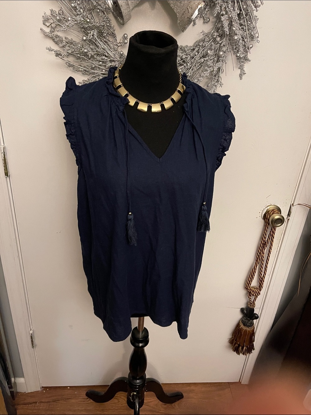 Women's Navy Sleeveless V-Neck Tassel Top